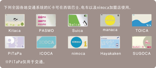 下列全国各地交通系统的IC卡可在西铁巴士、电车以及nimoca加盟店使用。